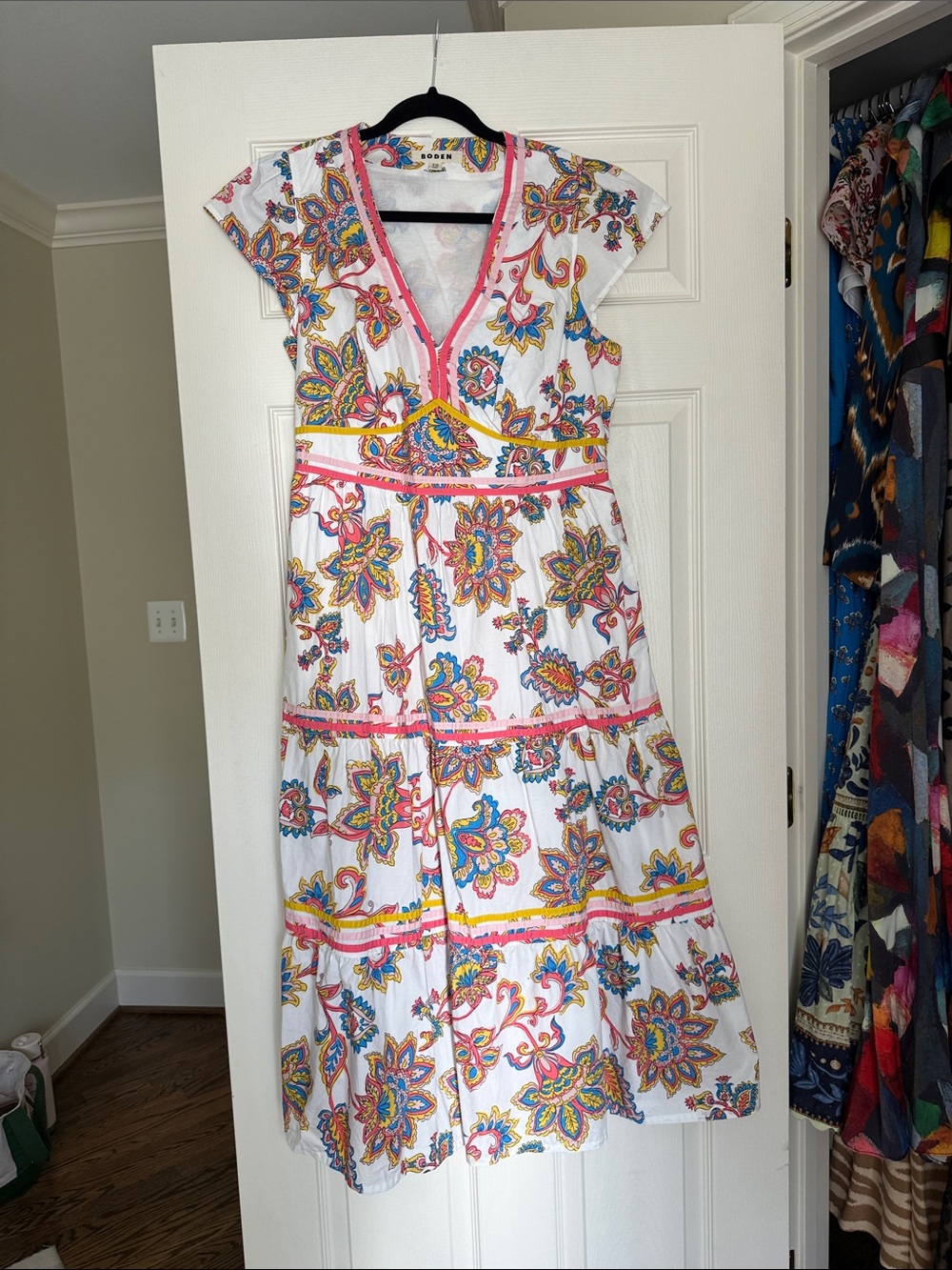 Boden White Midi Dress with Multicolor Floral Print